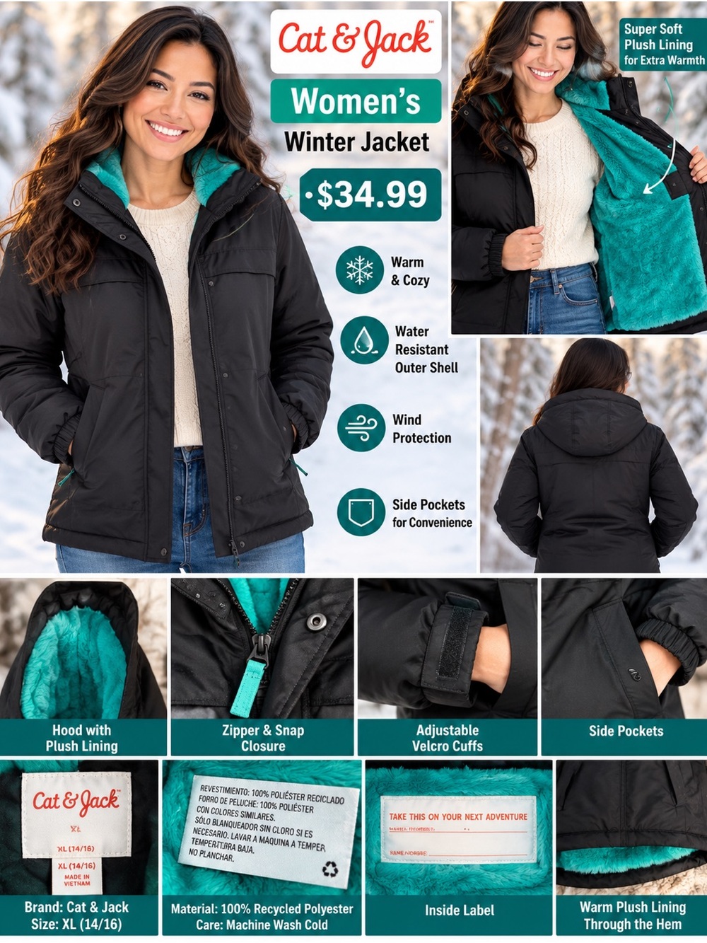 Cat & Jack Women’s Black Puffer Jacket with Teal Plush Lining